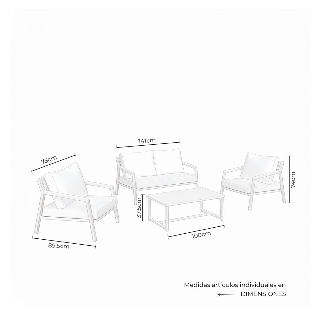 Conjunto Muscat sofá/cadeirões /mesa centro em branco