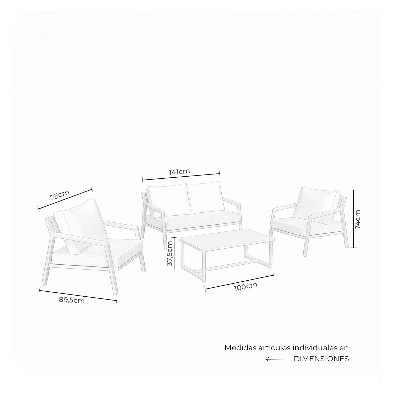 Conjunto Muscat sofá/cadeirões /mesa centro em branco