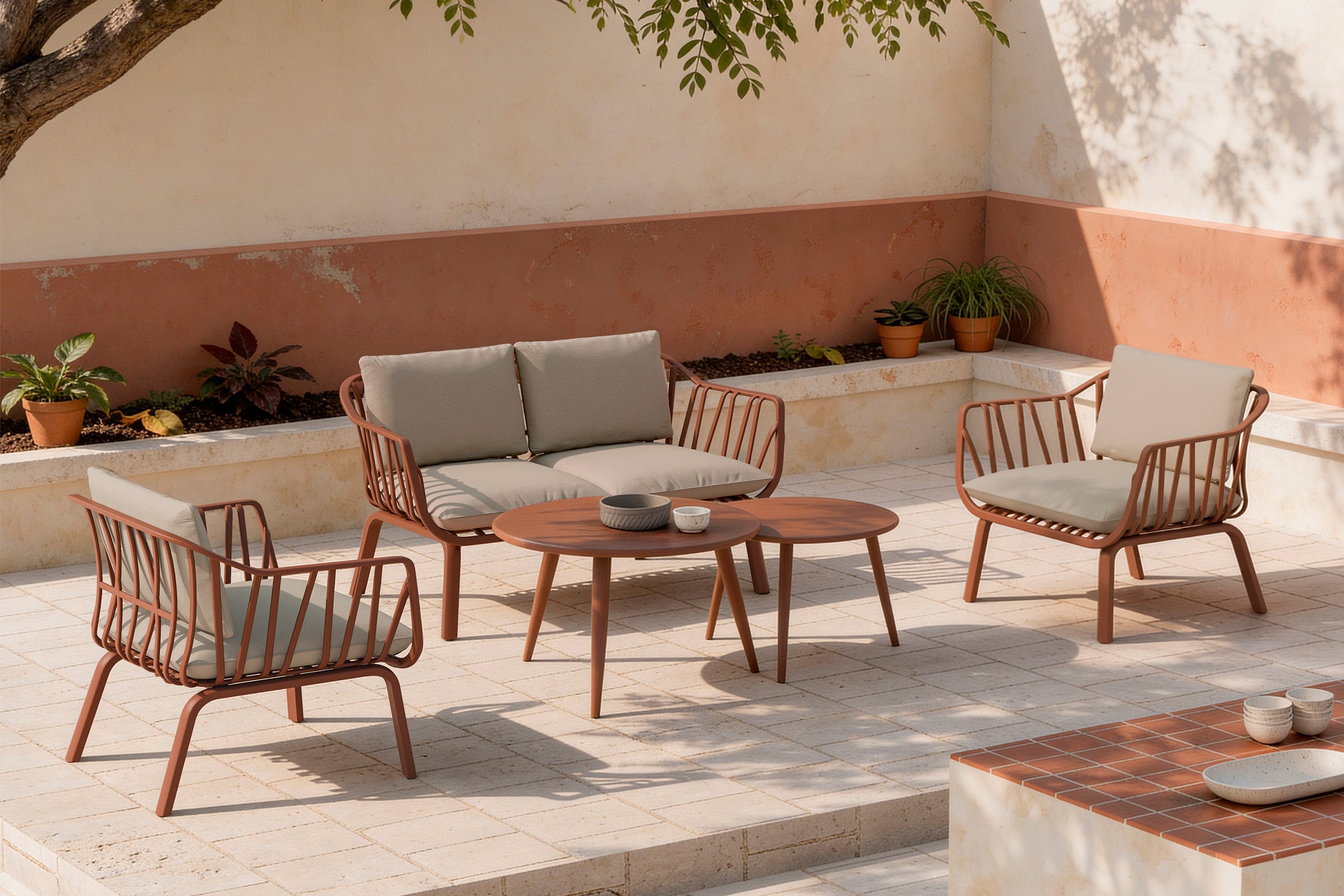 SET MIKONOS SOFA/Cadeirões/2 mesas centro TERRACOTA