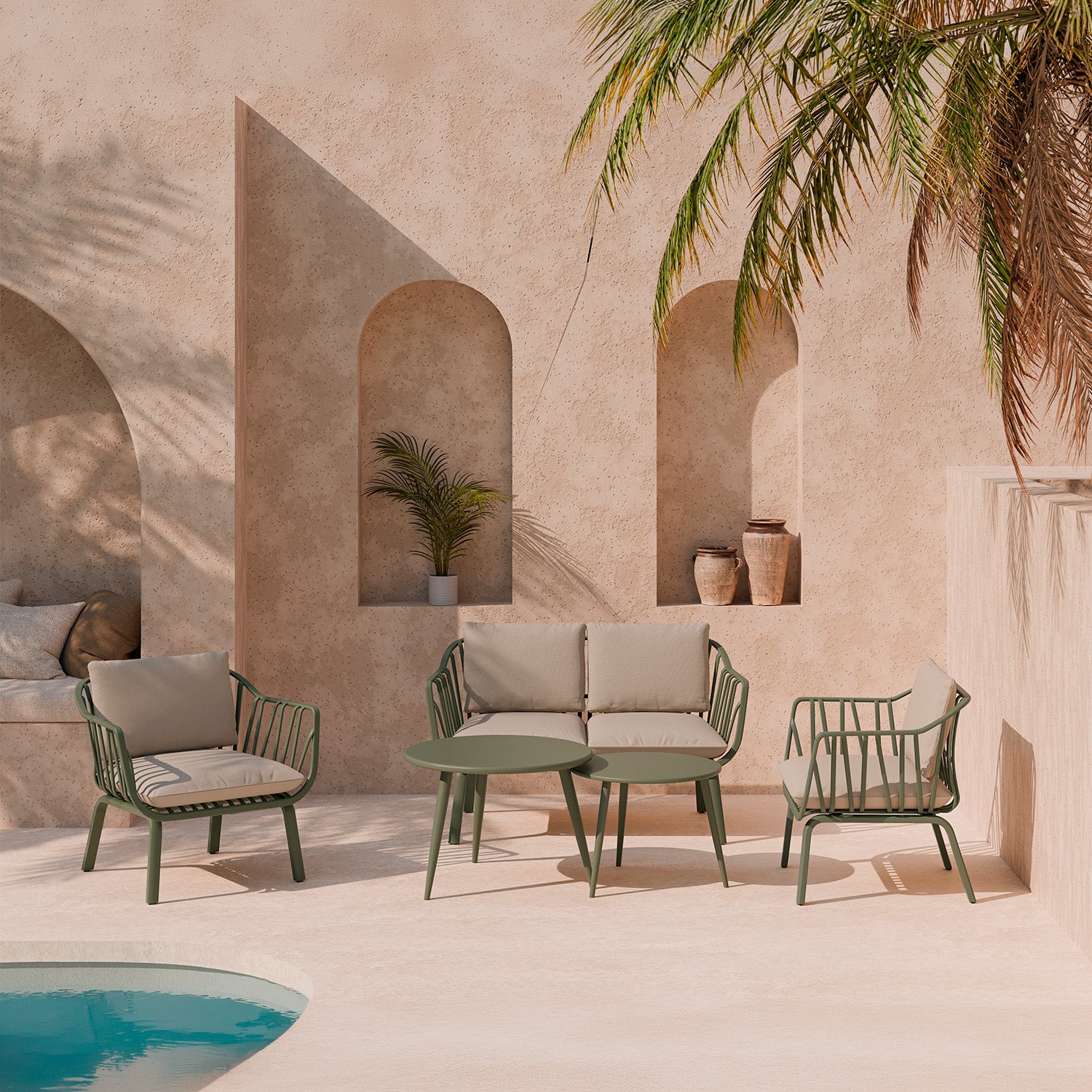 SET MIKONOS SOFA/Cadeirões/2 mesas centro VERDE