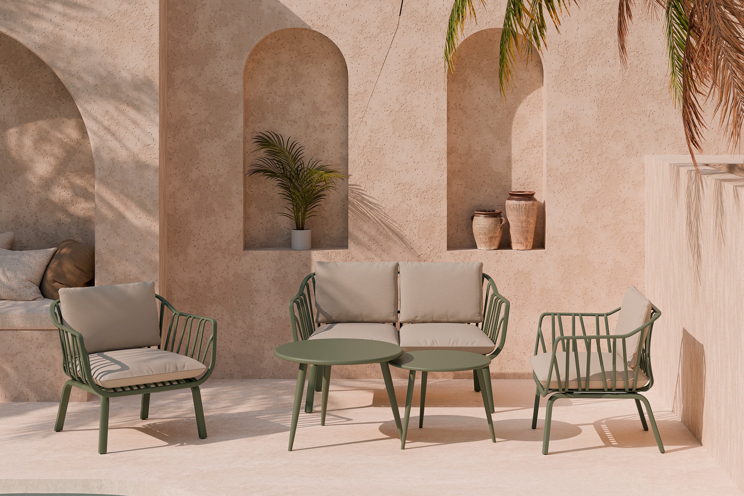 SET MIKONOS SOFA/Cadeirões/2 mesas centro VERDE
