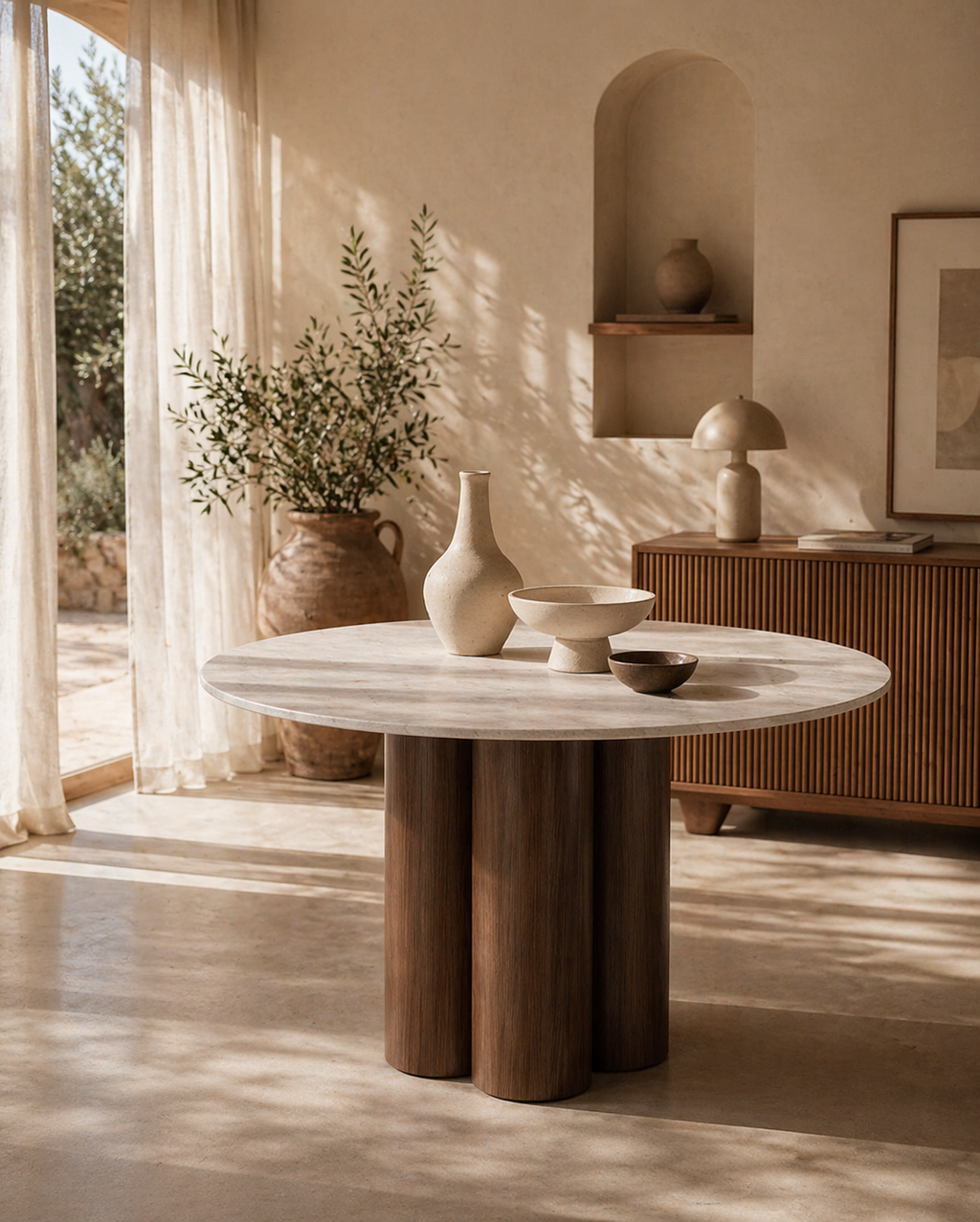 Mesa Tracy Redonda 120cm  - Travertino/Nogueira