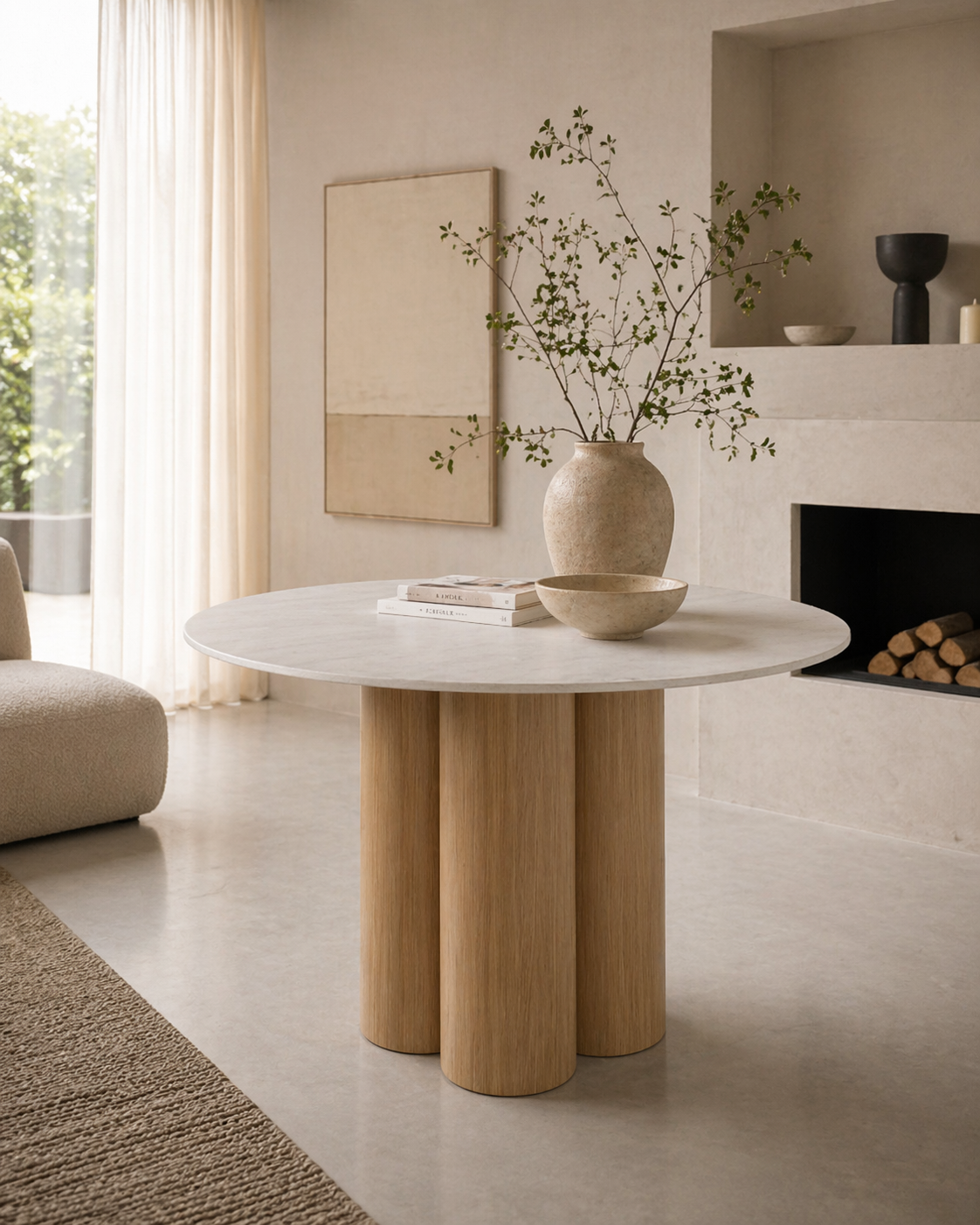 Mesa Tracy Redonda 120cm  - Travertino/Carvalho